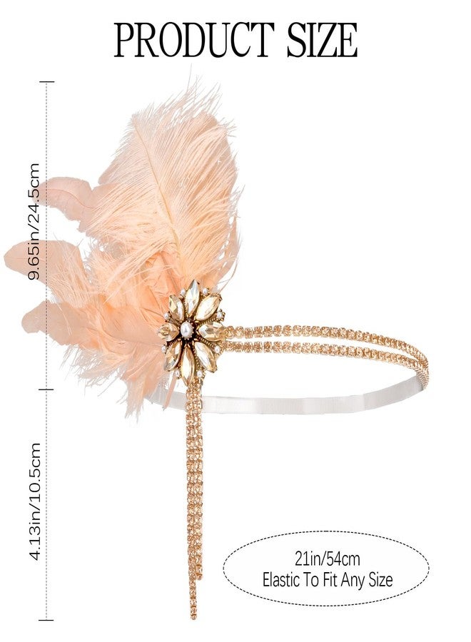 CURASA 1920s Flapper Headpiece Headband Great Gatsby Feather Hairband For Women Rhinestone Hair Accessoreis Showgirl Dresses Vintage Tassel Costume Outfits Roaring 20's Champagne Elastic Head Chain - Image 2